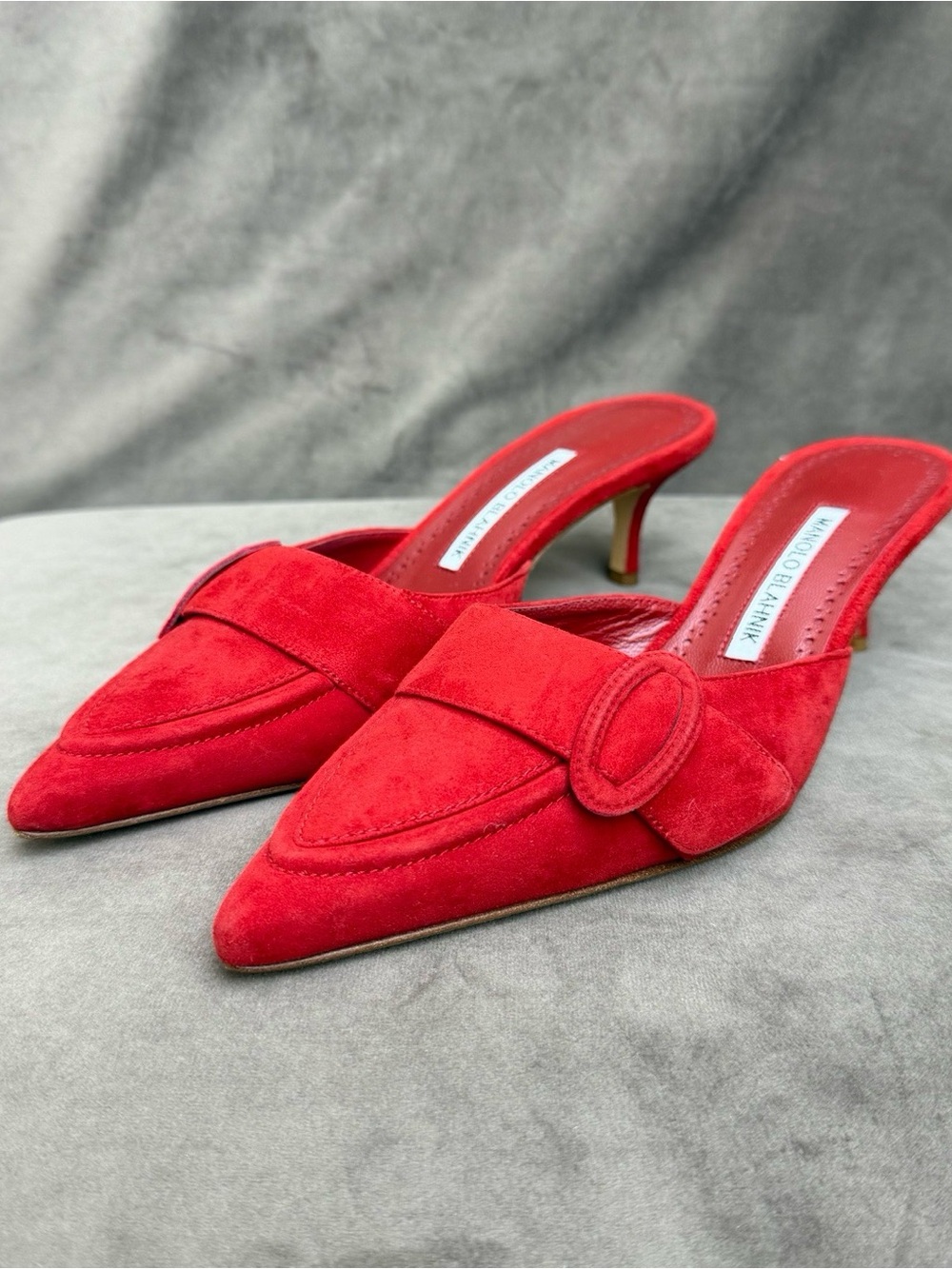 Manolo Blahnik Red Suede Pointed Mules with Buckle Detail